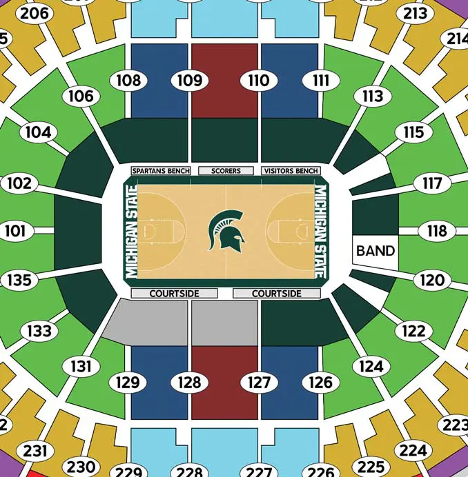 Map showing seating locations for basketball games at the Breslin Center