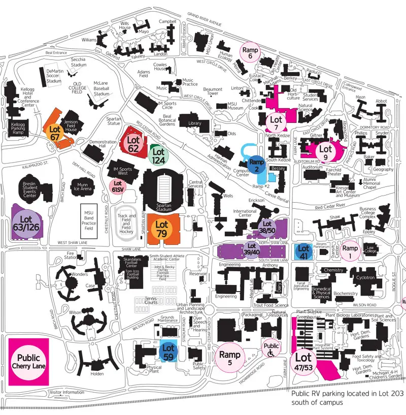 Map showing parking locations for football games at Spartan Stadium