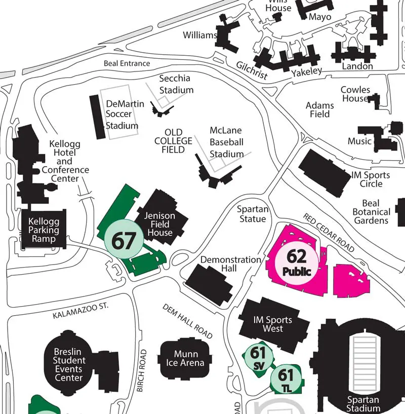Map showing parking locations for basketball games