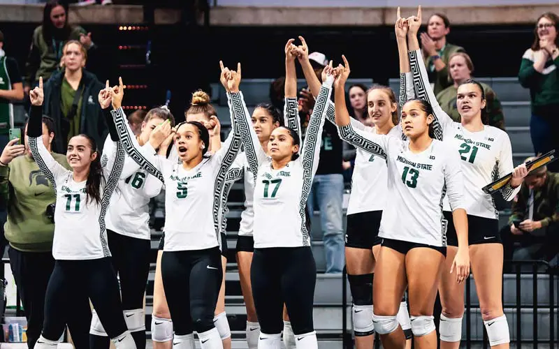 Volleyball players raising hands together